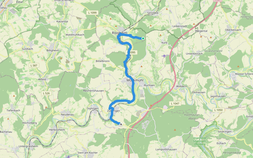 Roter Punkt, Züttlingen - Möckmühl - Roigheim walking route map in Roigheim