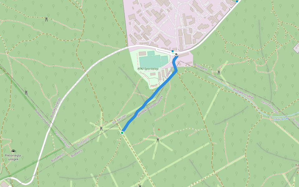 P+ (Budaörsi-hegy, nyiladék – Csillebérc, KFKI aut. vá.) walking route map in Budapest