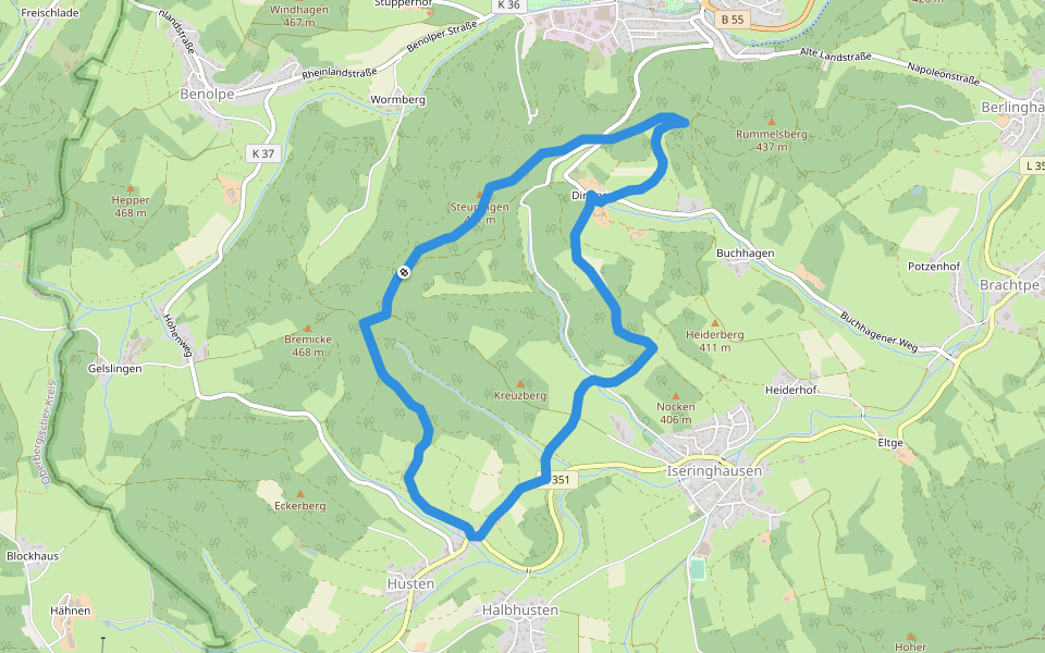 Drolshagen Rundweg A8 (Brudertreue) walking route map in Drolshagen