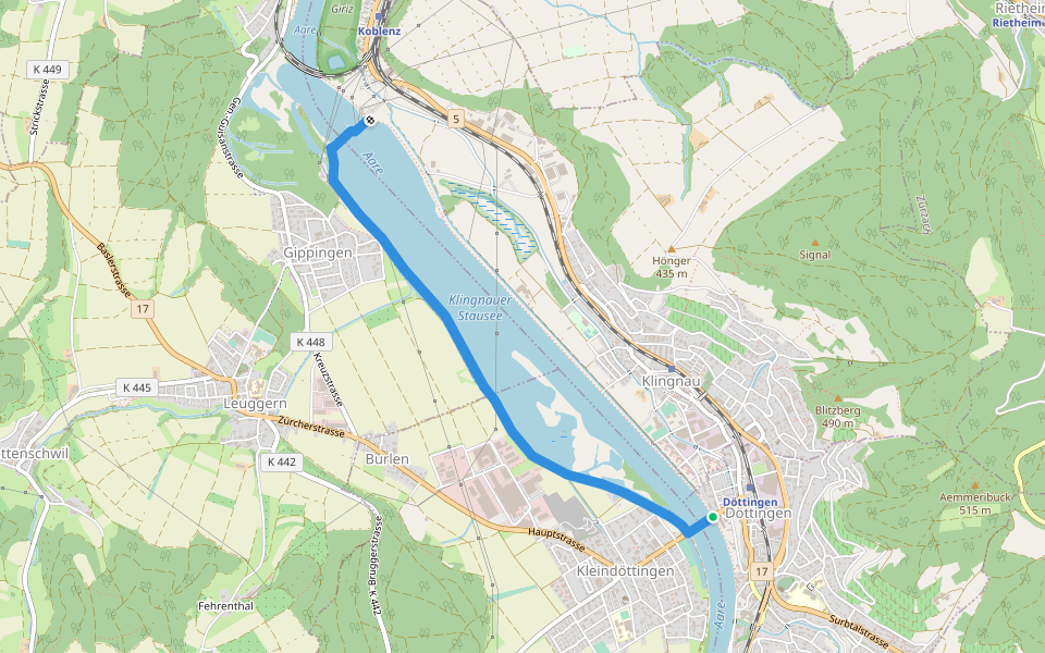 Döttingen Brücke - Kraftwerk Klingnau walking route map in Döttingen