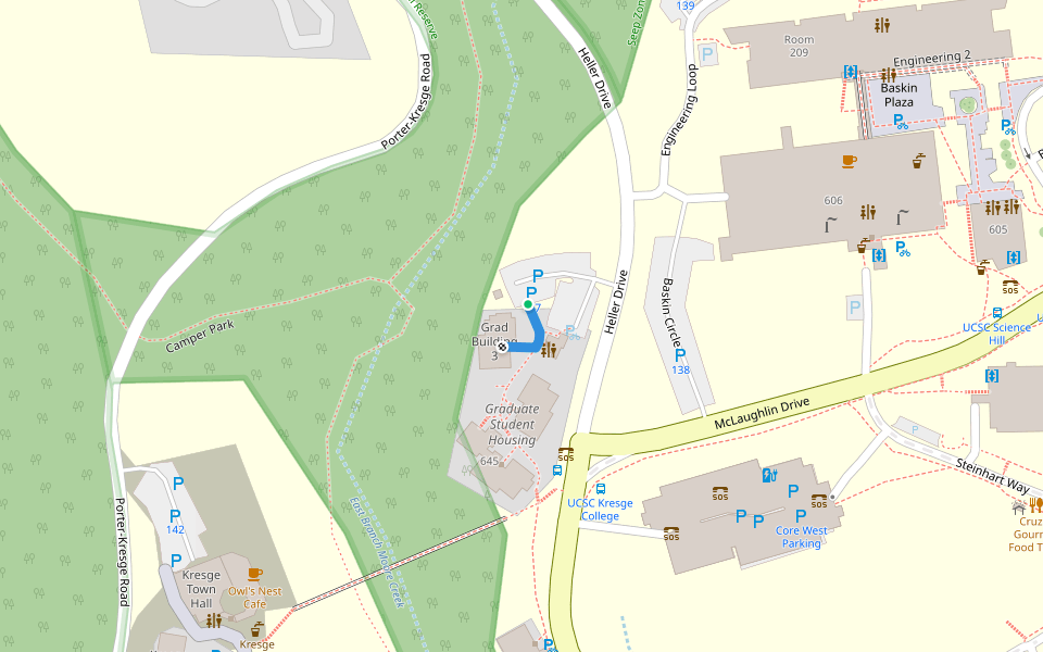 Graduate student housing wheelchair accessibility walking route map in Santa Cruz
