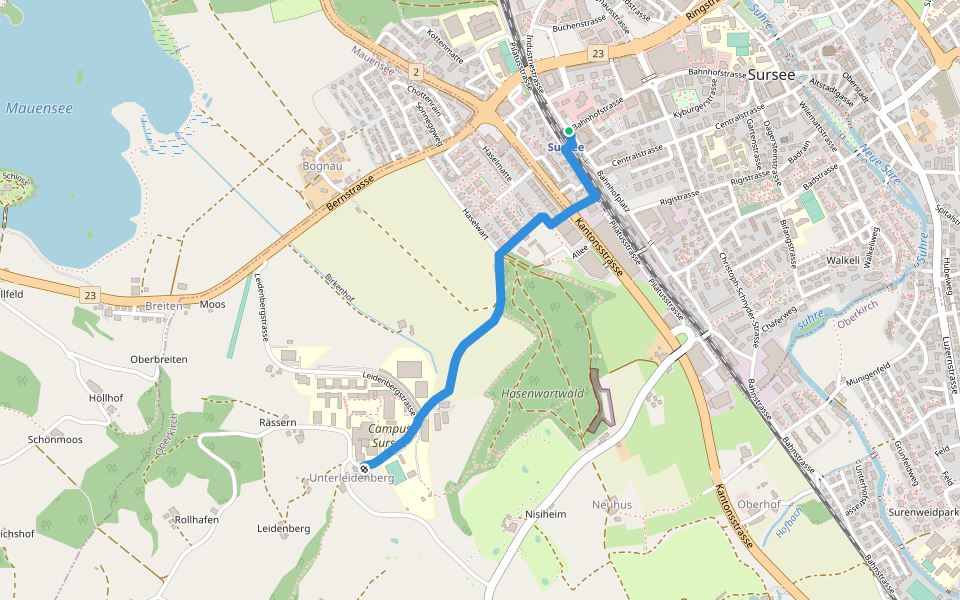 Sursee (Bahnhof) - Unterleidenberg walking route map in Sursee