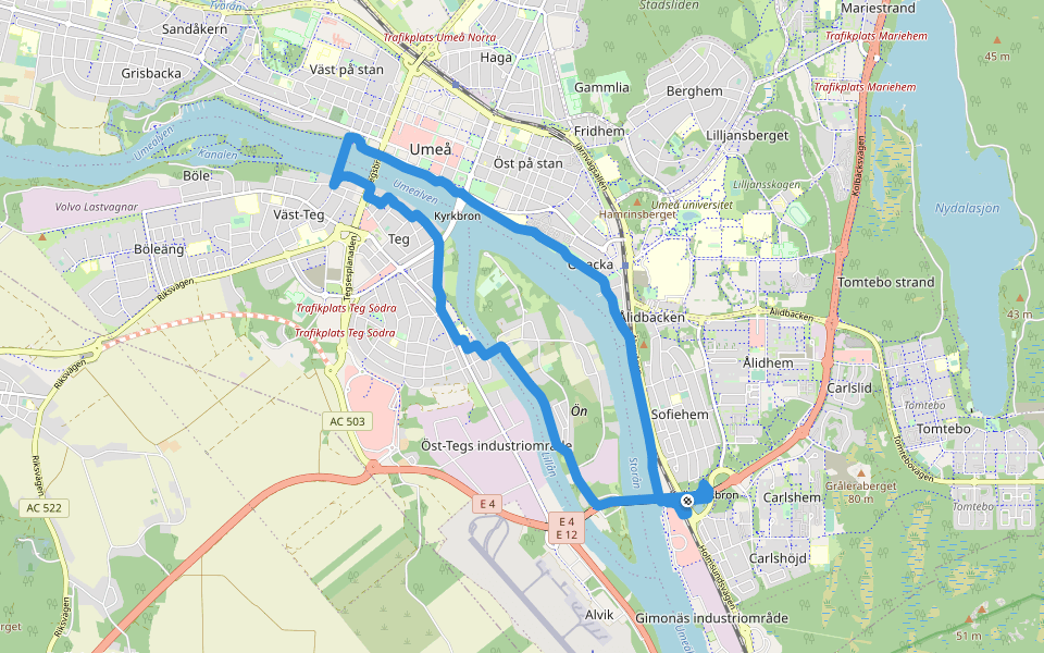 Hälsans stig walking route map in Umeå