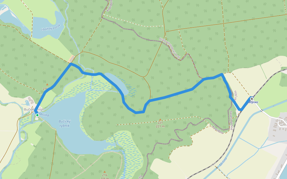 [Ž] Mlýnec - Bučický mlýn walking route map in Rožďalovice