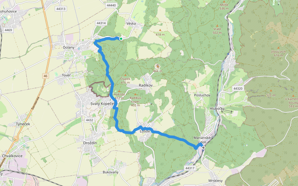 [M] Nové Sady - Mariánské údolí walking route map in Dolany