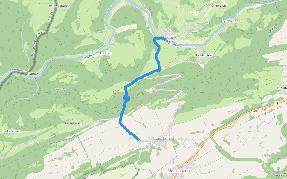 Soubey - Les Enfers walking route map in Soubey
