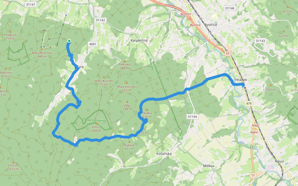 [Ž] Malý Javorový (sedlo) - Hrádek (žst.) walking route map in Trinec