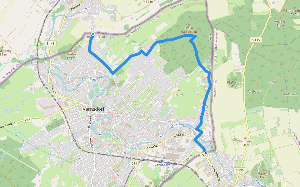 [Ž] Varnsdorf (Grosschonaw, CZ/D) - Hrádek (hranice CZ/D) walking route map in Varnsdorf