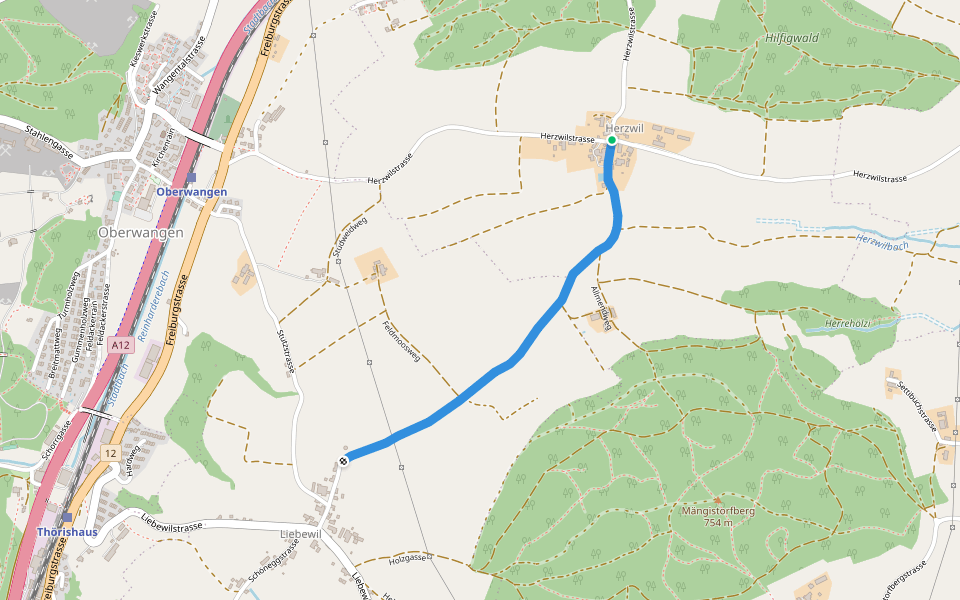 Herzwil - Liebewil/Resevoir walking route map in Köniz