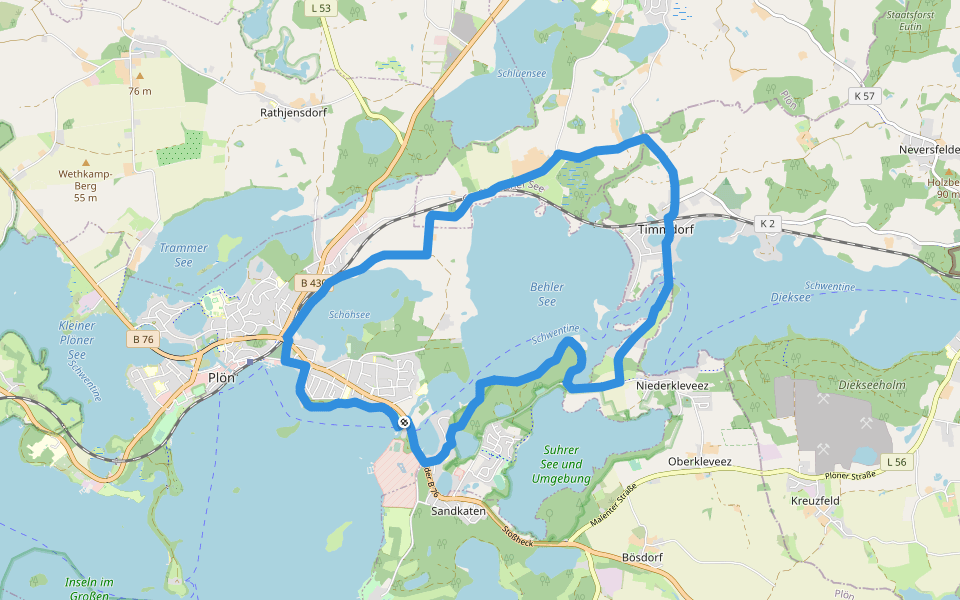 Behler See walking route map in Plön
