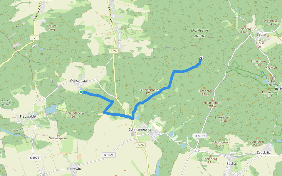Ochsensaal - Schmannewitz - Jägereiche walking route map in Dahlen