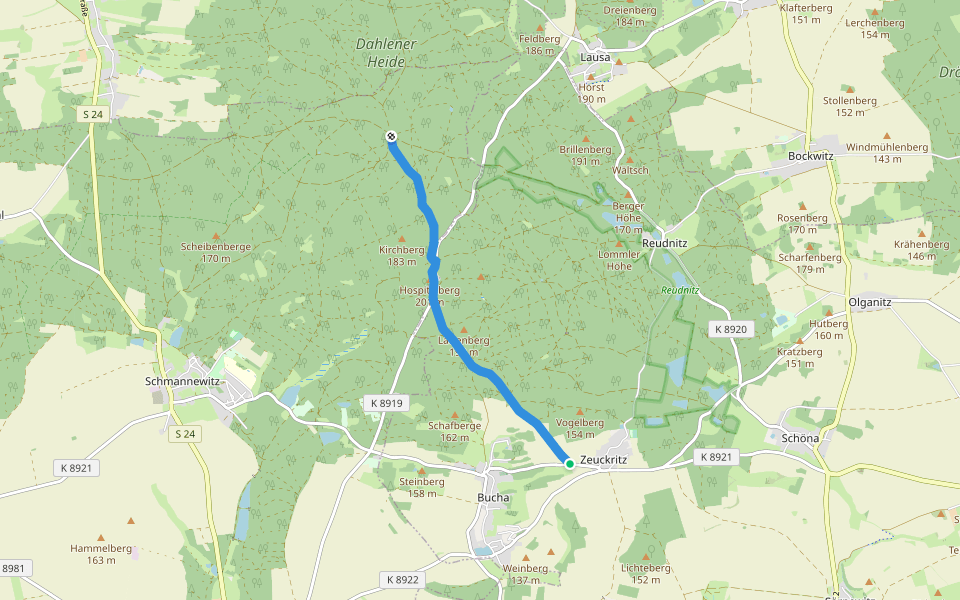 Zeuckritz - Hospitalhütte - Jägereiche walking route map in Cavertitz
