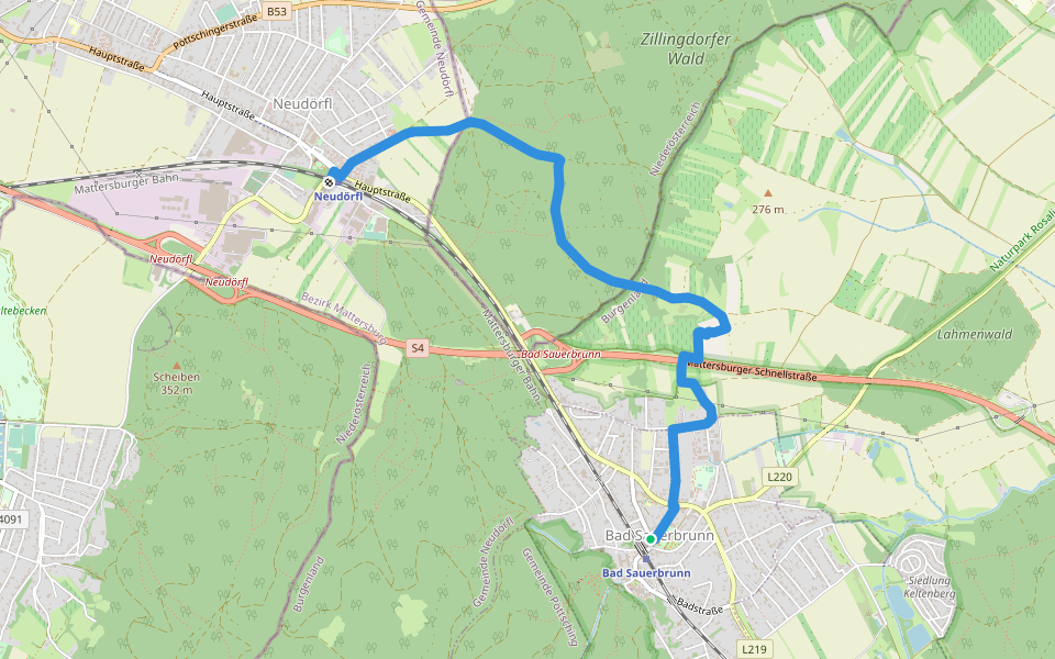 Bad Sauerbrunn - Neudörfl (Bahnhof) walking route map in Bad Sauerbrunn