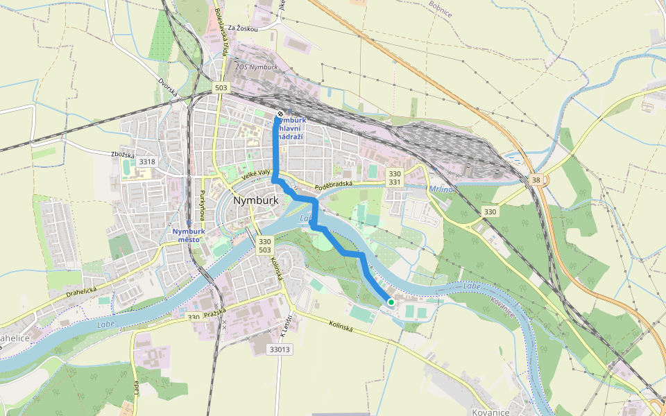 [Ž] Nymburk, žst - Nymburk, sportovní areál walking route map in Nymburk
