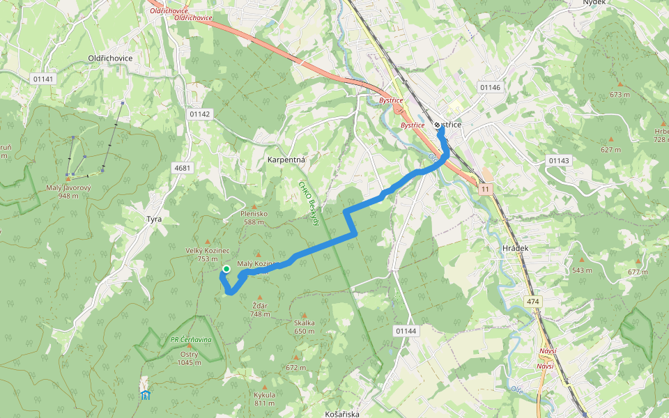 [M] Bystřice - Kozinec walking route map in Vendryně