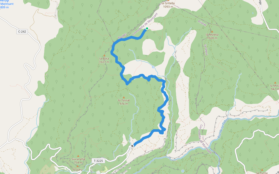 Blue-Yellow walking route map in Cornudella de Montsant