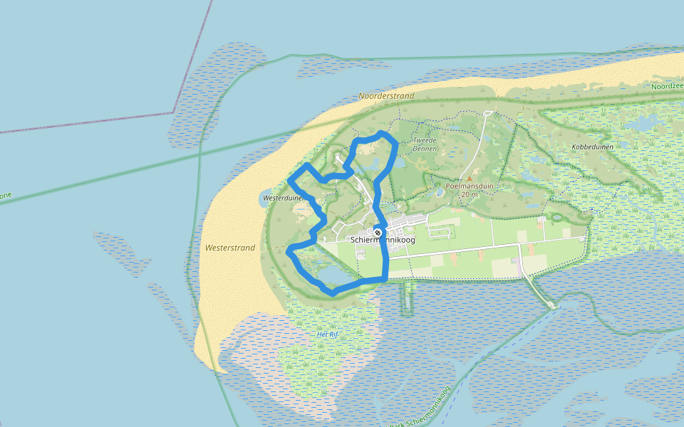 'Langs wad, plas, duin, strand en vuurtoren" walking route map in Schiermonnikoog