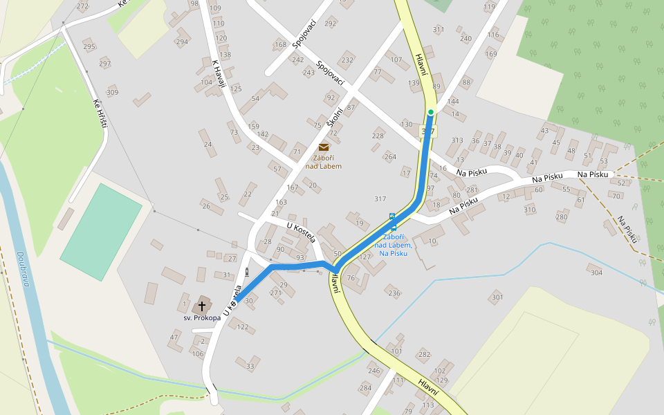 Záboří nad Labem - kostel walking route map in Záboří nad Labem