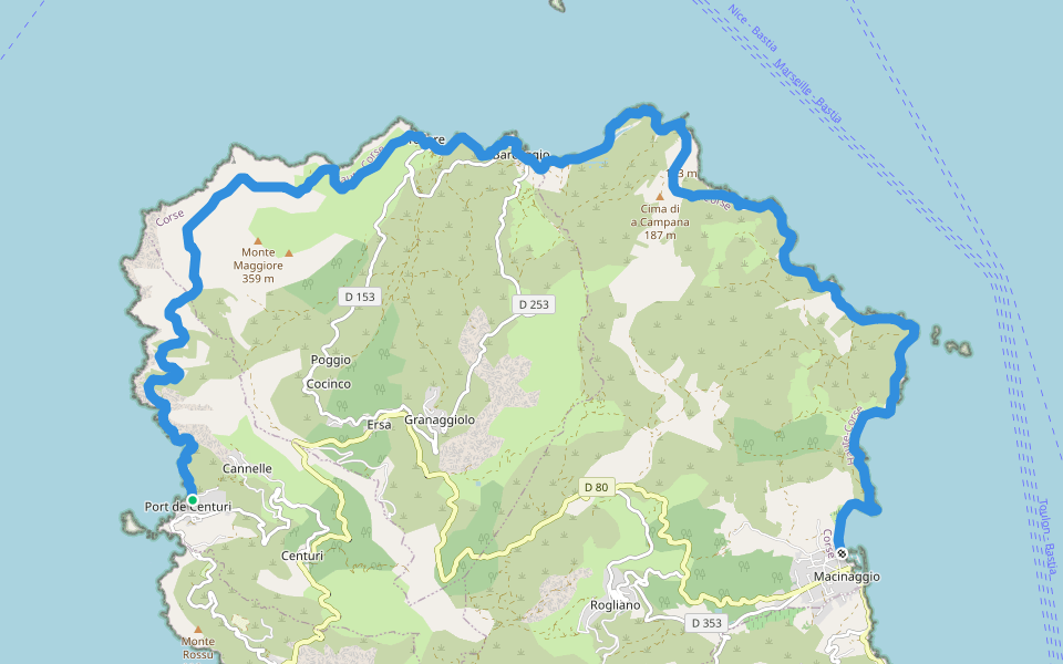 Sentier des Douaniers du Cap Corse walking route map in Centuri