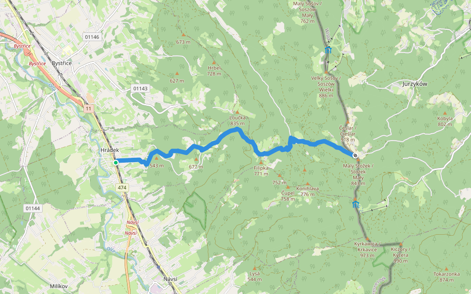 [Z] Hrádek (žst.) - Malý Stožek walking route map in Hrádek