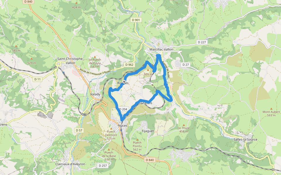 Des Vignes aux Moulins walking route map in Valady