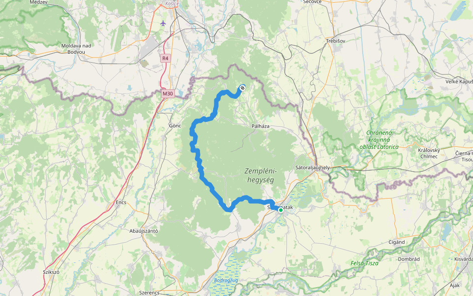 P, Rákóczi-út (Füzér – Regéc – Sárospatak) walking route map in Sárospatak