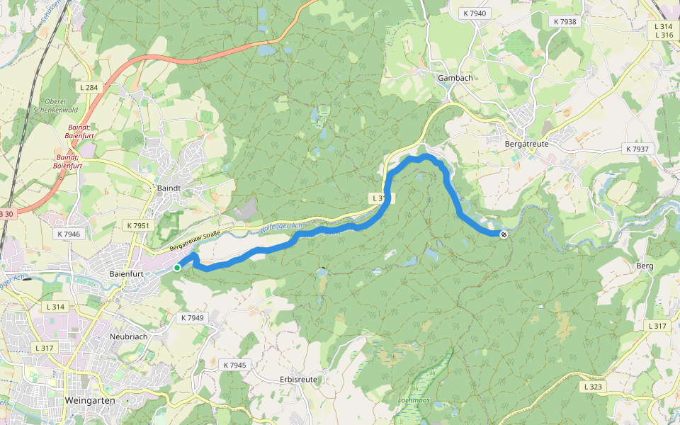 Nebenweg des Schwäbischen Albvereins (blaues Kreuz) walking route map in Baienfurt