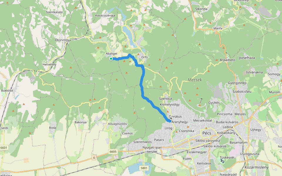 K+ (Ürög – Éger-völgy – Patacsi-mező – Szuadó-völgy – Orfűi elágazás – Abaligeti cseppkőbarlang) walking route map in Abaliget