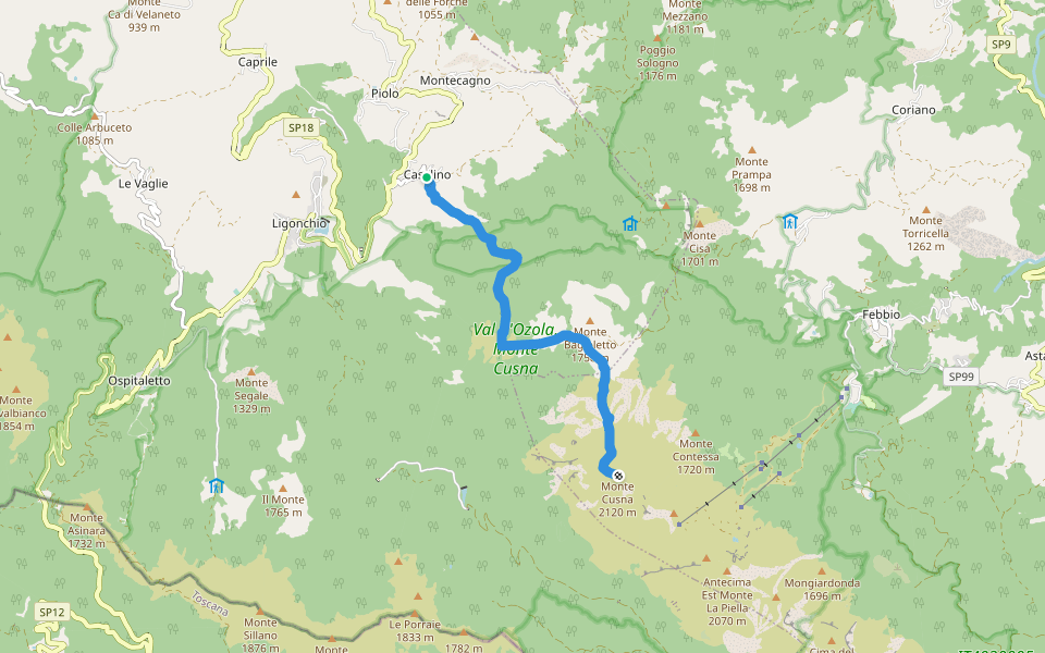 Casalino - Prati di Sara - Le Prese - Monte Cusna walking route map in Casalino