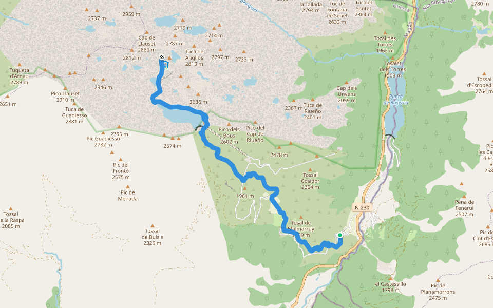 GR-11 Aneto-Senda Pirenaica walking route map in Montanuy