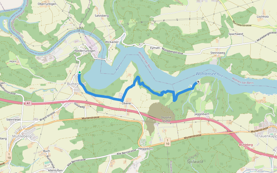 Fuchsenried - Jaggisbachau walking route map in Mühleberg