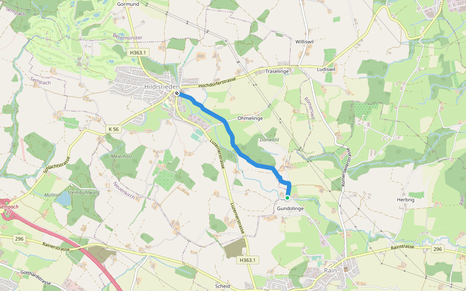 Gundelingen - Hildisrieden walking route map in Rain