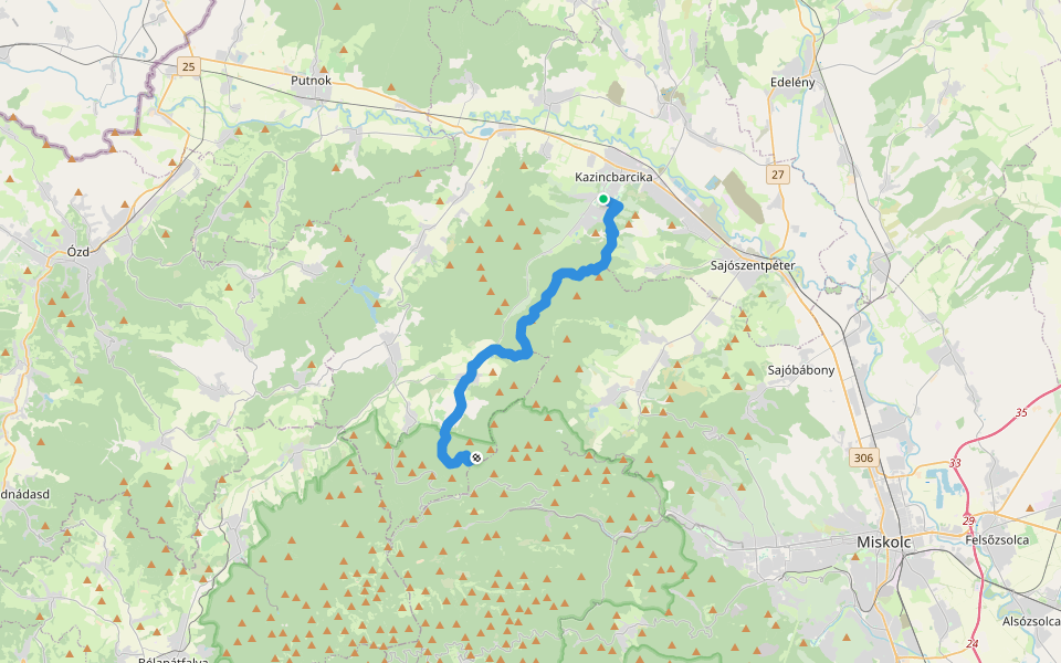 P (Kazincbarcika – Buzgó-kő) walking route map in Kazincbarcika