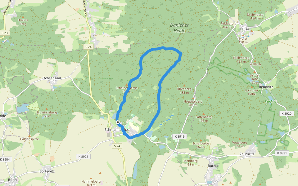 Rundweg Schmannewitz-Jägereiche-Schmannewitz walking route map in Dahlen