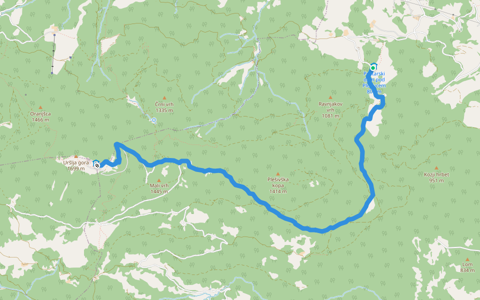 Poštarski dom - Uršlja gora (čez Kal) walking route map in Sele