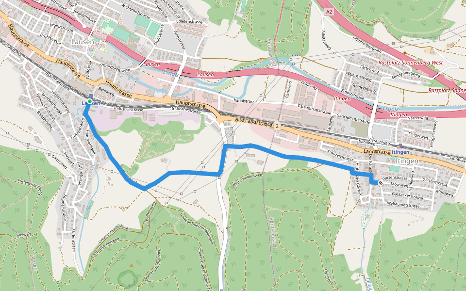 Itingen - Lausen walking route map in Lausen