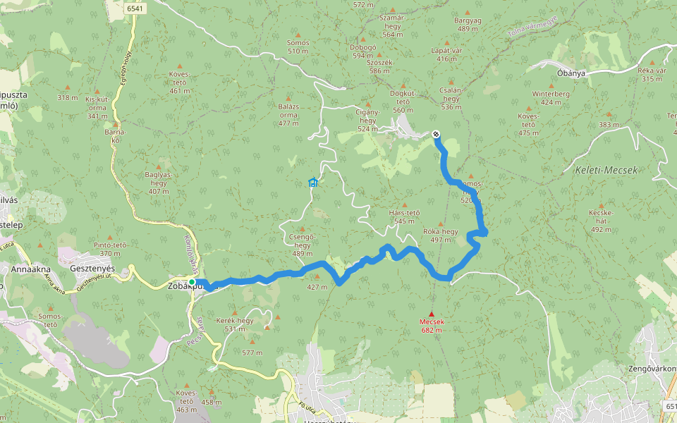 K■ (Zobákpuszta – Pap-rét – Püspökszentlászló – Réka-kunyhó – Somos-hegy – Kisújbánya) walking route map in Komló