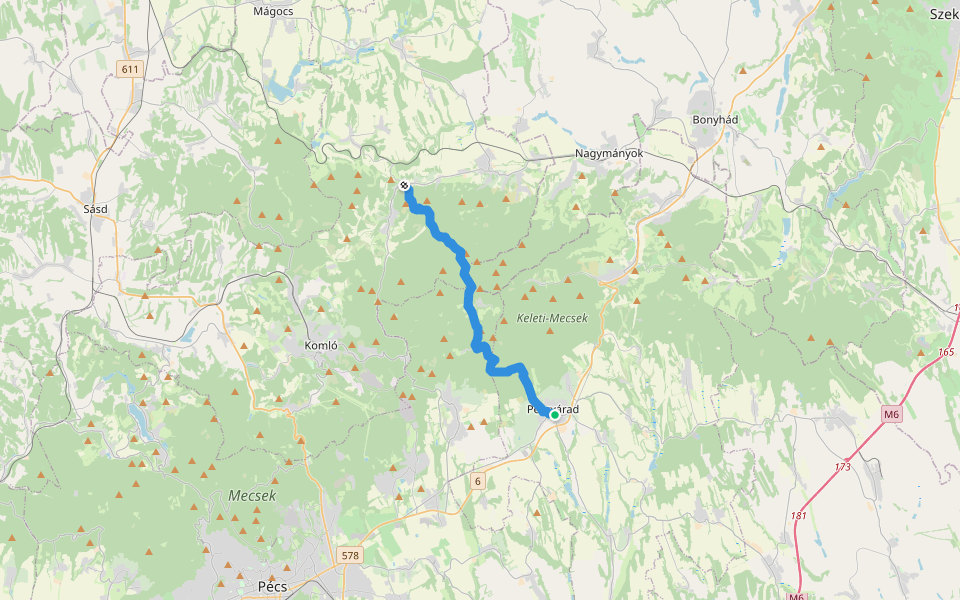 S (Kárász – Vörösfenyő kulcsosház – Cigány-hegy – Miske-tető – Zengő – Pécsvárad) walking route map in Pécsvárad