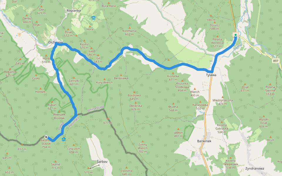 Tylawa - Baranie walking route map in Tylawa