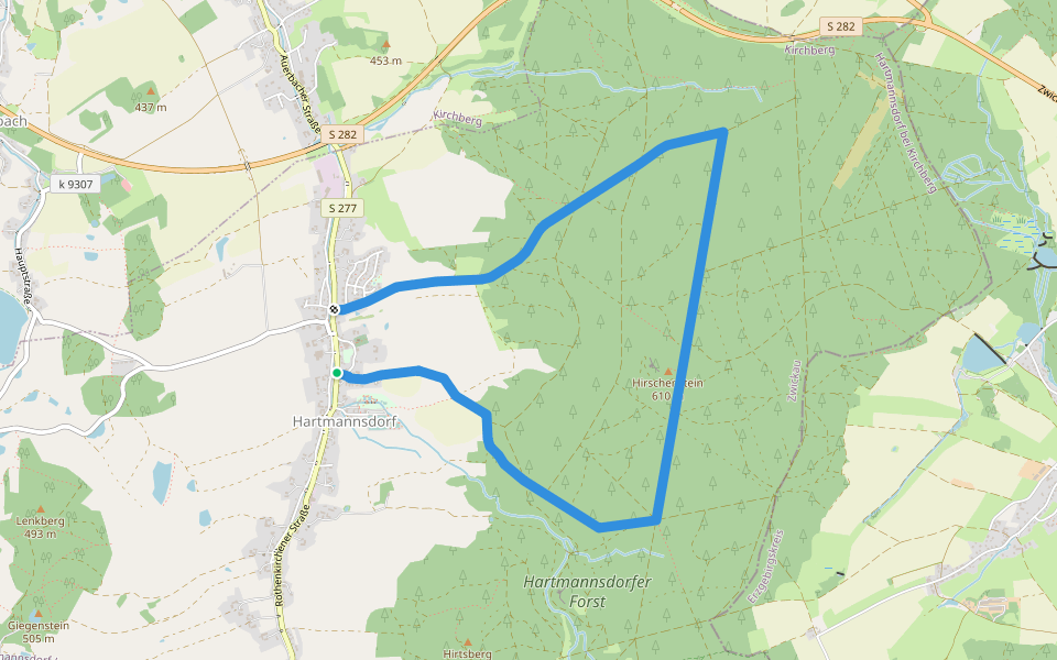Hartmannsdorf - Hirschenstein - Hartmannsdorf walking route map in Hartmannsdorf bei Kirchberg