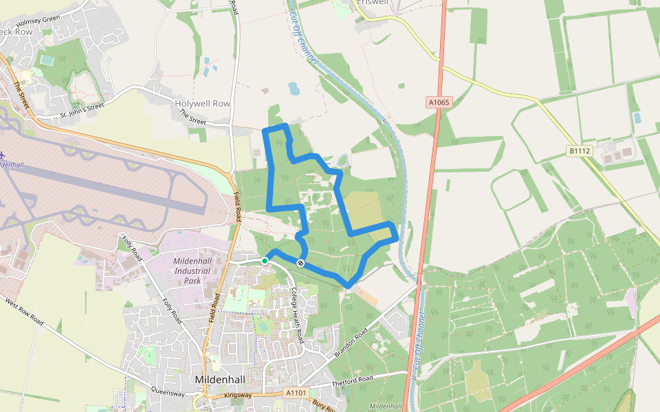 Red walking route map in Mildenhall
