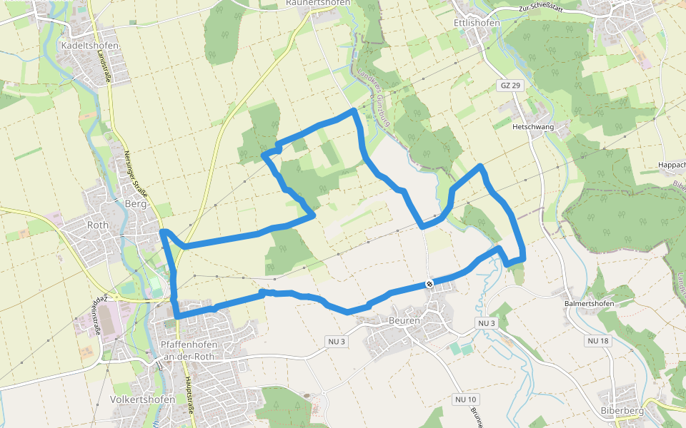 Dreitäler-/Kapellen- und Kirchenwanderung walking route map in Pfaffenhofen an der Roth