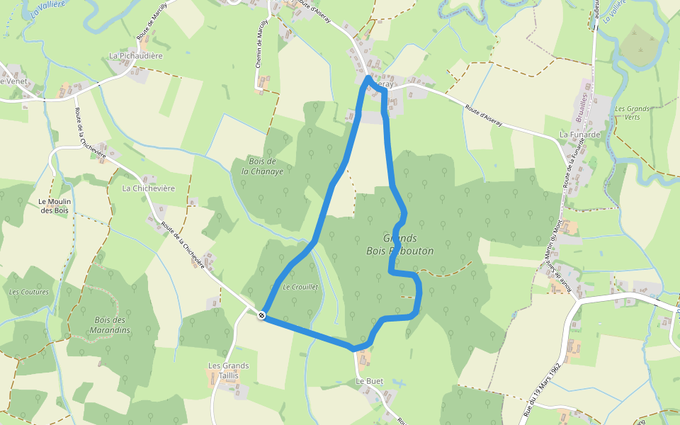 Chemin des grands Bois Rebouton walking route map in Bruailles