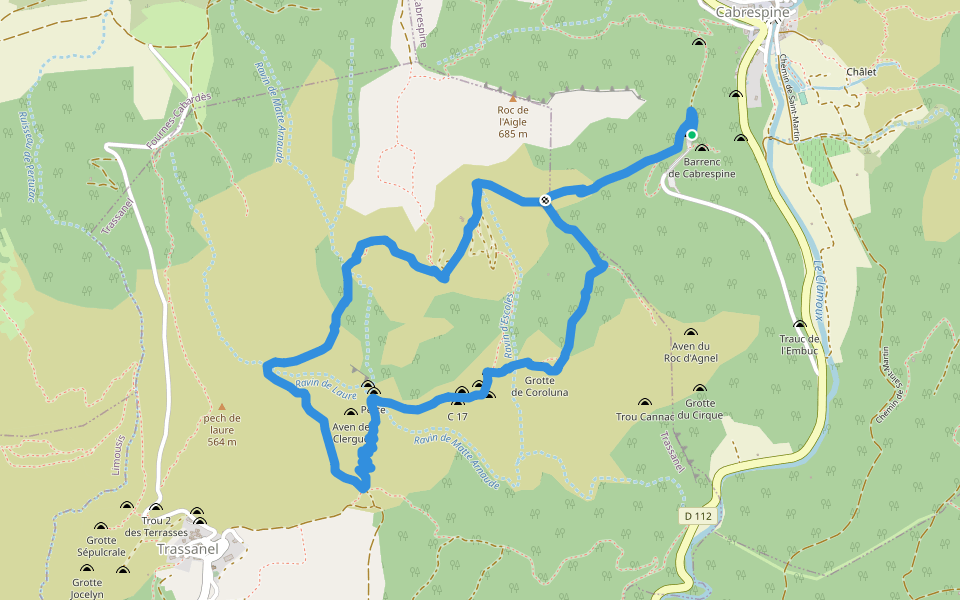 Boucle du Gouffre de Cabrespine walking route map in Cabrespine