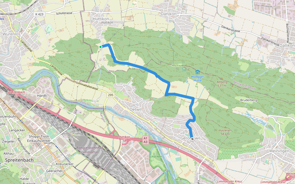 Vorderhüttikerberg - Geroldswil walking route map in Hüttikon