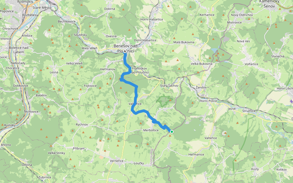 [M] Benešov nad Ploučnicí (žst) - Police Žandov (žst) walking route map in Žandov