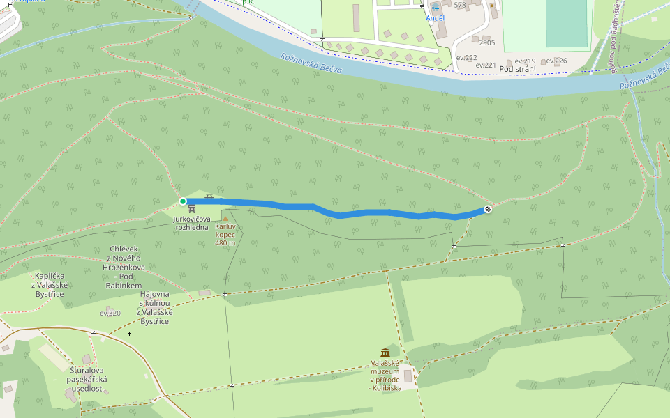 Jurkovičova rozhledna walking route map in Rožnov pod Radhoštěm