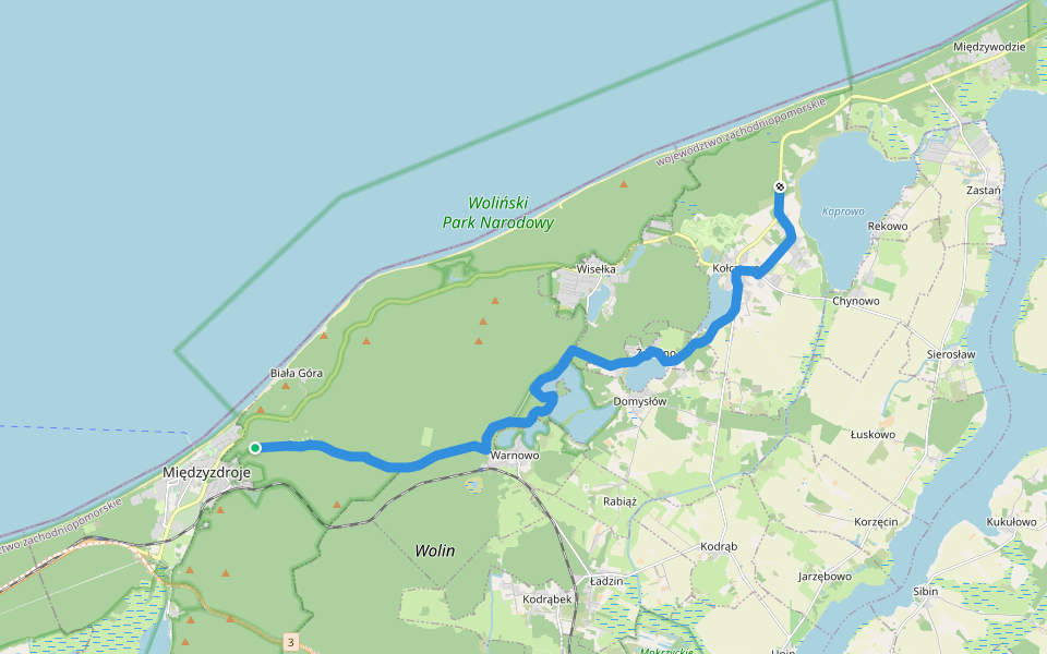 Międzyzdroje - Jezioro Koprowo walking route map in Wicko