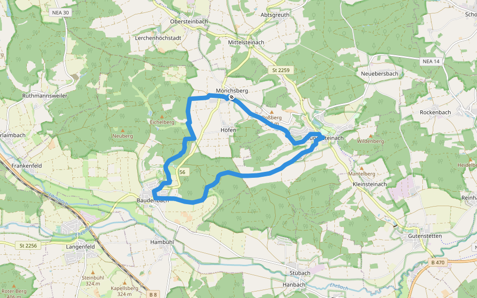 Baudenbach Rundweg B2 walking route map in Baudenbach