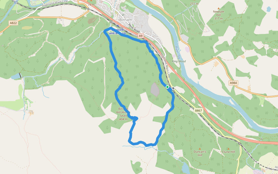 Birnam Hill Path walking route map in Murthly